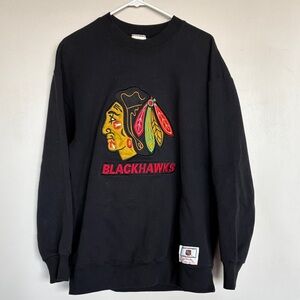 Vintage Nutmeg Mills Chicago Blackhawks Crewneck Sweatshirt NHL Logo Black XL